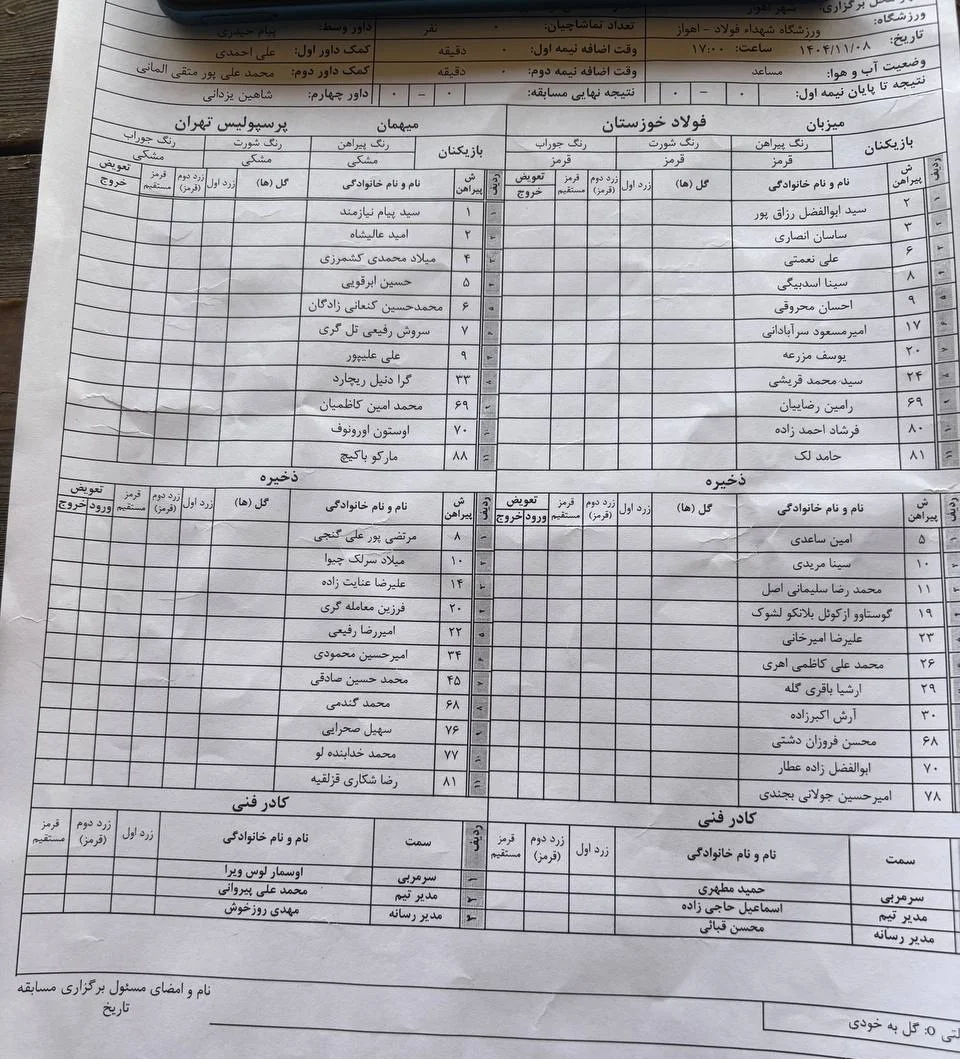 لیست فولاد و پرسپولیس